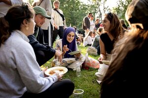 Unge mennesker hygger sig med mad på en græsplæne
