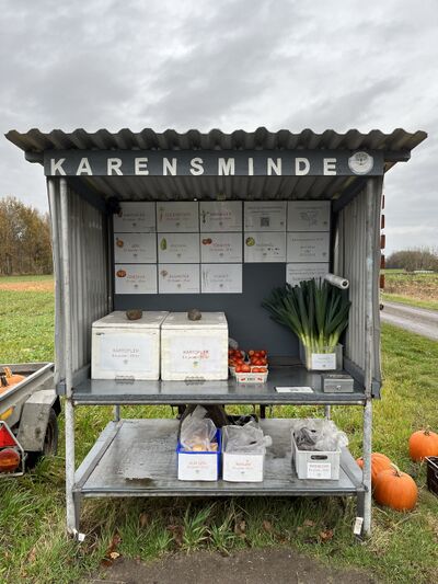 Vejbod med grøntsager med kasse til penge. Til selvbetjening.