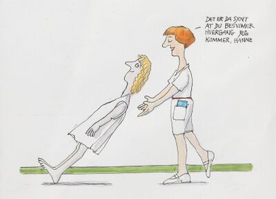 Kvinde lader sig falde bagover for at blive grebet af en sygeplejerske